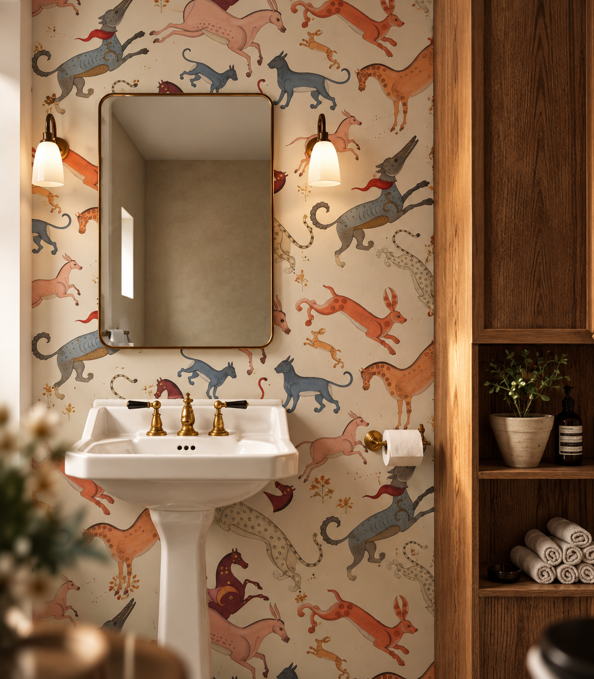Wallpaper Oriental Animals Beige