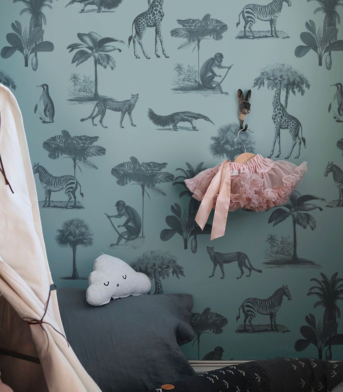 Tapeta Vintage animals dark mint - Wallcolors®
